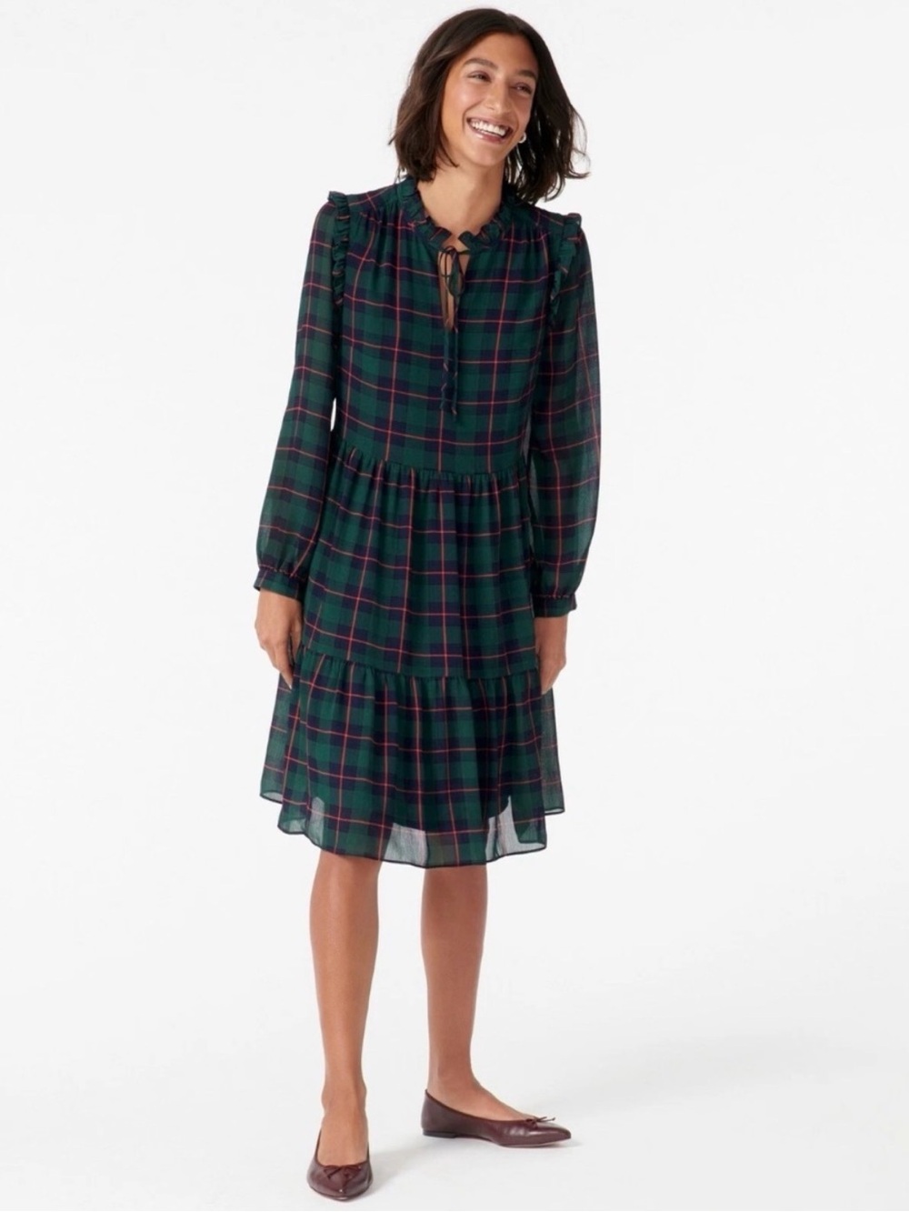 J. Crew XL Black Red + Green Tie Neck Tartan Plaid Holiday Ruffle Dress - Picture 3 of 14